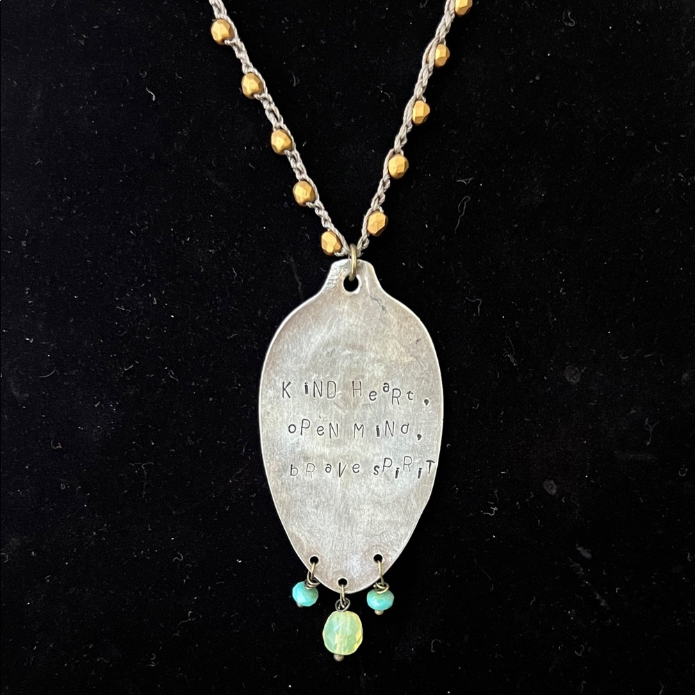 Handmade 20” Spoon Pendant Necklace with Turquoise Beads ~ Kind Heart Open Mind